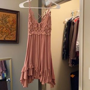 Dusty rose pink dress.
